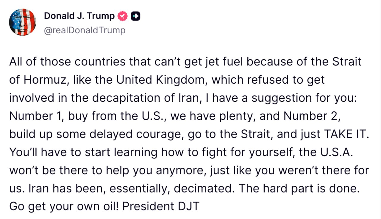 Александр Зимовский: Всем тем странам, которые не могут получить авиационное топливо из-за Ормузского пролива, как, например, Соединенное Королевство, отказавшееся вмешиваться в обезглавливание Ирана, у меня есть для вас...