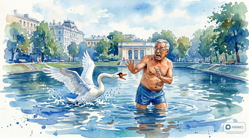 Пошел вон: на Патриарших прудах лебедь выгнал купавшегося мужчину