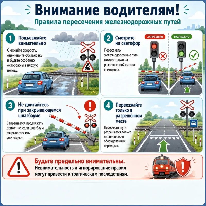 Внимание водителям! Напоминаем о правилах пересечения железнодорожных путей: