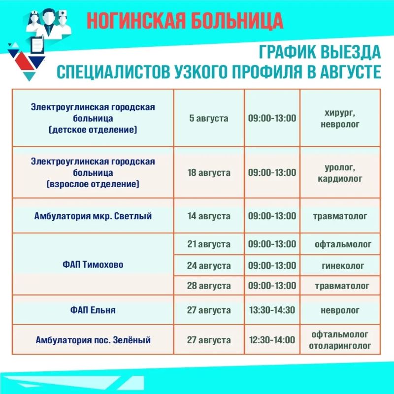 Публикуем график выезда специалистов узкого профиля Ногинской больницы для приема жителей по поселениям Богородского округа в августе 2026 года