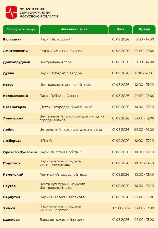 Выходные с пользой! В 17 парках Подмосковья можно будет пройти профилактический осмотр Выходные с пользой! В 17 парках Подмосковья можно будет пройти профилактический осмотр