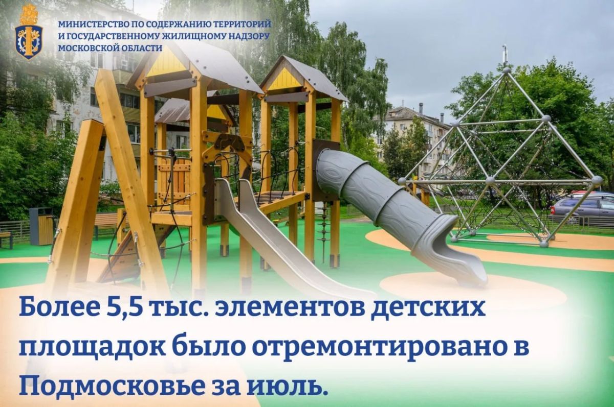 Более 5,5 тыс. элементов детских площадок было отремонтировано в Подмосковье за июль