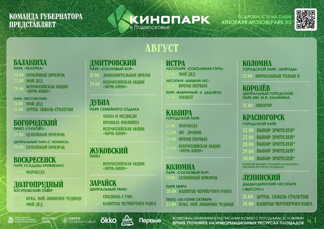 Приглашаем на кинопоказы. Делимся афишей до конца августа, чтобы вы могли запланировать уютный вечер за просмотром любимого фильма в парках Подмосковья