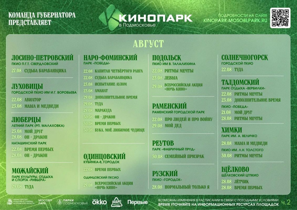 Приглашаем на кинопоказы. Делимся афишей до конца августа, чтобы вы могли запланировать уютный вечер за просмотром любимого фильма в парках Подмосковья Приглашаем на кинопоказы. Делимся афишей до конца августа, чтобы вы могли запланировать уютный вечер за просмотром любимого фильма в парках Подмосковья