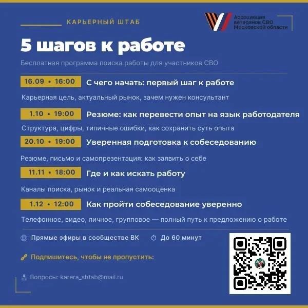 Карьерный штаб приглашает ветеранов СВО на бесплатный цикл онлайн-встреч о поиске работы