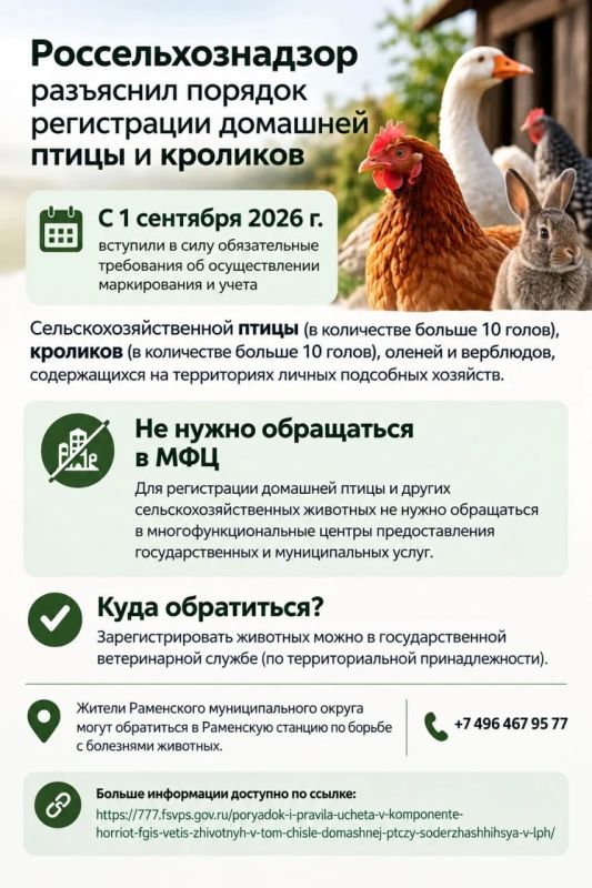 Россельхознадзор разъяснил порядок регистрации домашней птицы и сельскохозяйственных животных