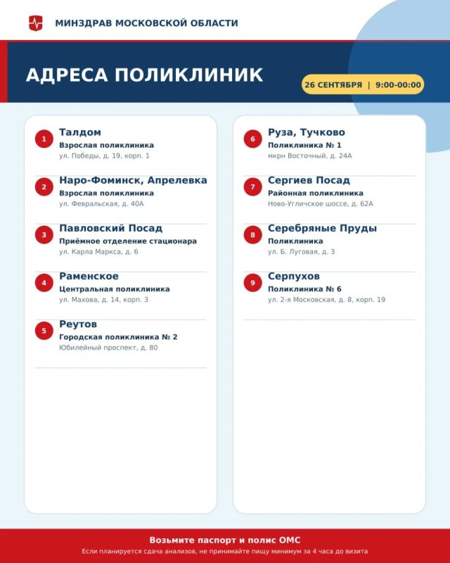 А может, вечерком поедем в поликлинику? В эту субботу диспансеризацию до полуночи можно будет пройти в 9 городах Подмосковья А может, вечерком поедем в поликлинику? В эту субботу диспансеризацию до полуночи можно будет пройти в 9 городах Подмосковья