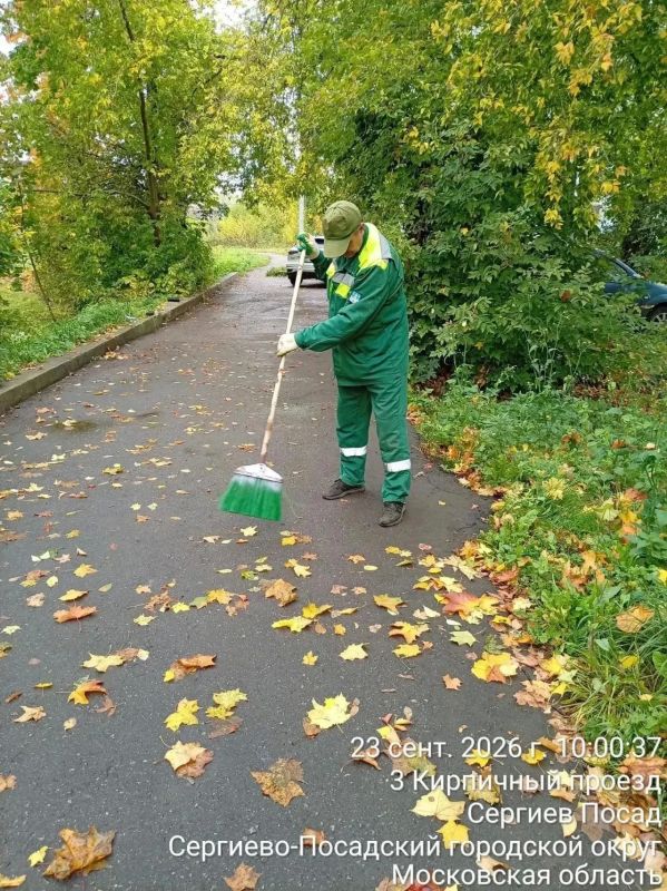 В Сергиево-Посадском округе продолжаются сезонные работы по уборке опавших листьев с тротуаров и возле домов