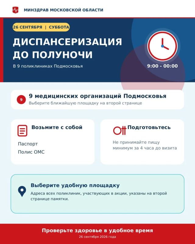 А может, вечерком поедем в поликлинику? В эту субботу диспансеризацию до полуночи можно будет пройти в 9 городах Подмосковья