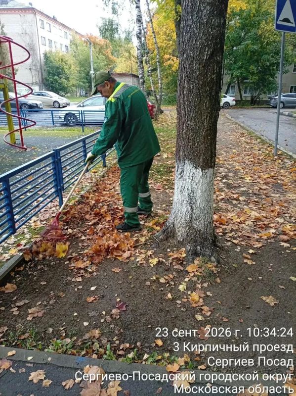 В Сергиево-Посадском округе продолжаются сезонные работы по уборке опавших листьев с тротуаров и возле домов В Сергиево-Посадском округе продолжаются сезонные работы по уборке опавших листьев с тротуаров и возле домов